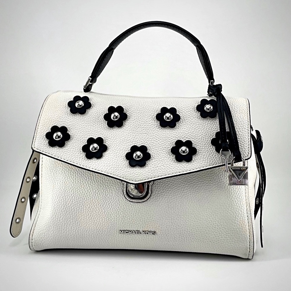 Michael Kors Monochrome White Black Pebbled Leather Flower Floral Handbag Purse